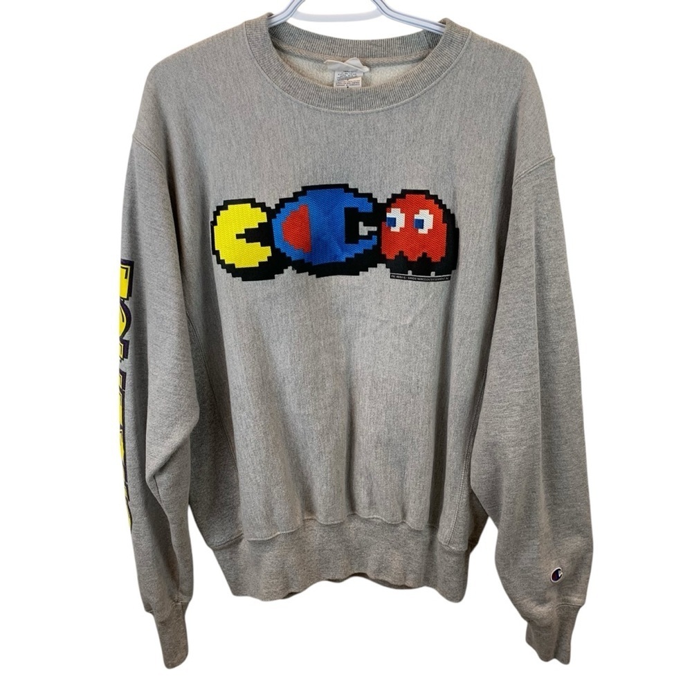 Vintage Champion Men's M Pac-Man Reverse Weave Crew Neck Sweatshirt Grey 90s Y2K
